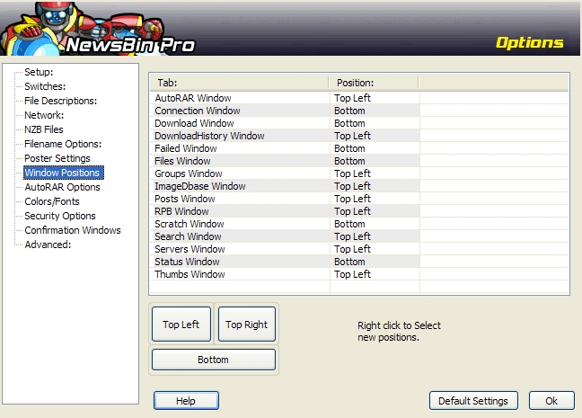 NewsBin Window Position Configuration Screen