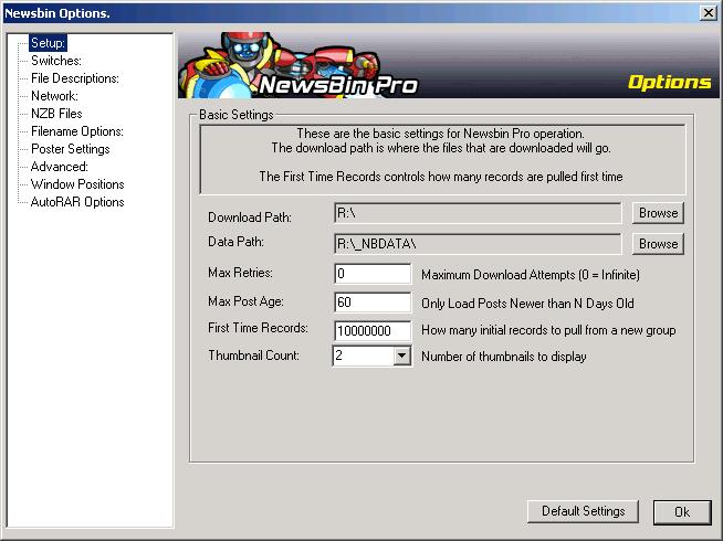 Setup tab within Options dialog